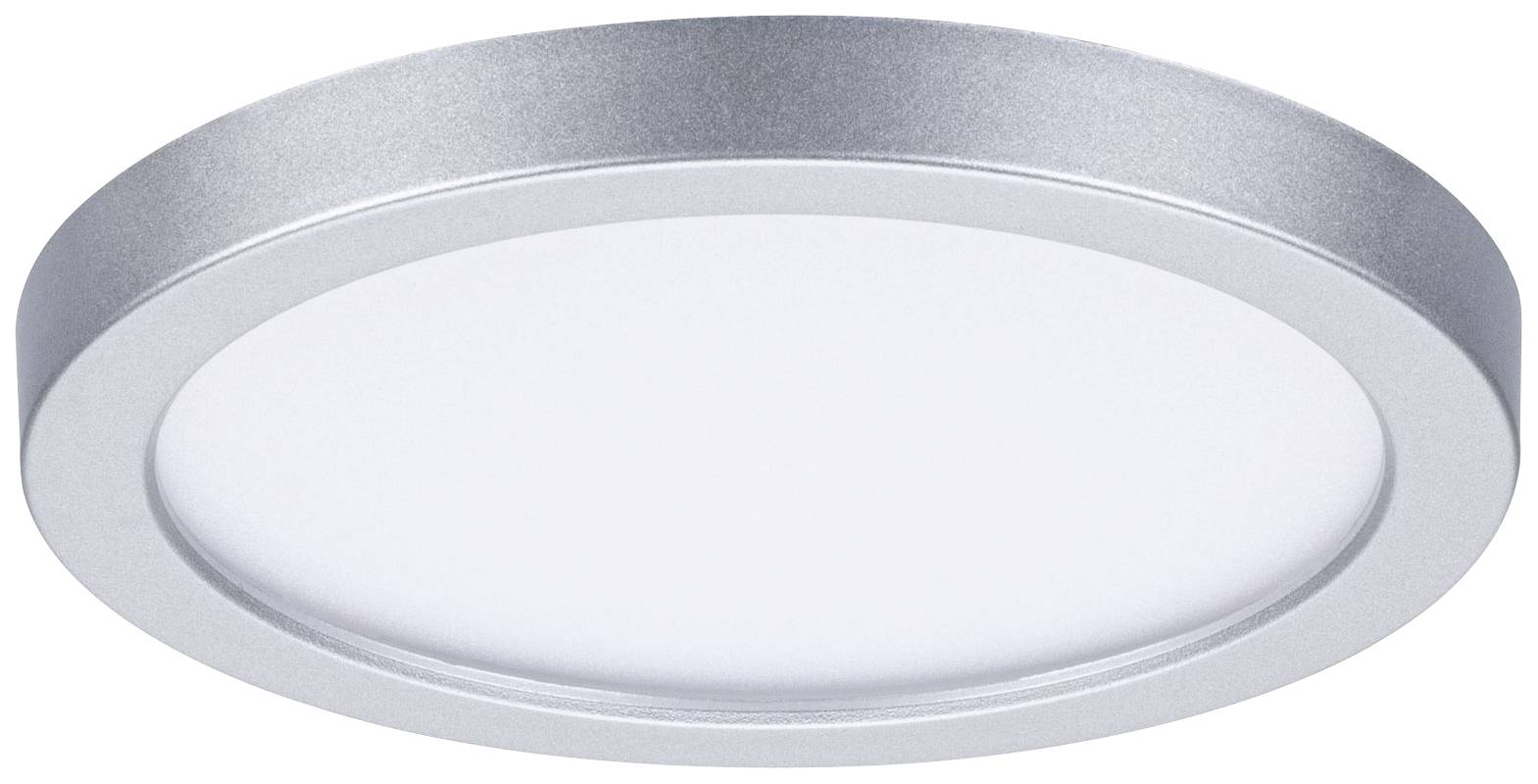 Eine runde, silberne Deckenlampe mit mattem Diffusor. Geeignet für moderne Innenraumbeleuchtung.