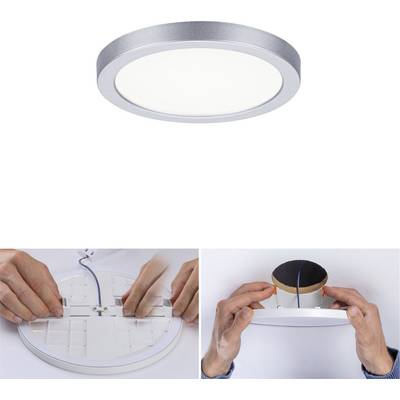 Runde LED-Deckenleuchte in Silber. Zwei Bilder unten: Links zeigt eine Nahaufnahme des Anschlusses, rechts wird die Leuchte an der Decke montiert.