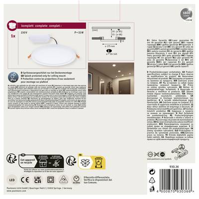 'LED-Deckenleuchte, 15 W, IP44, 1800 Lumen. Geeignet für Deckenmontage. Enthält Sicherheits- und Gebrauchsinformationen.'
