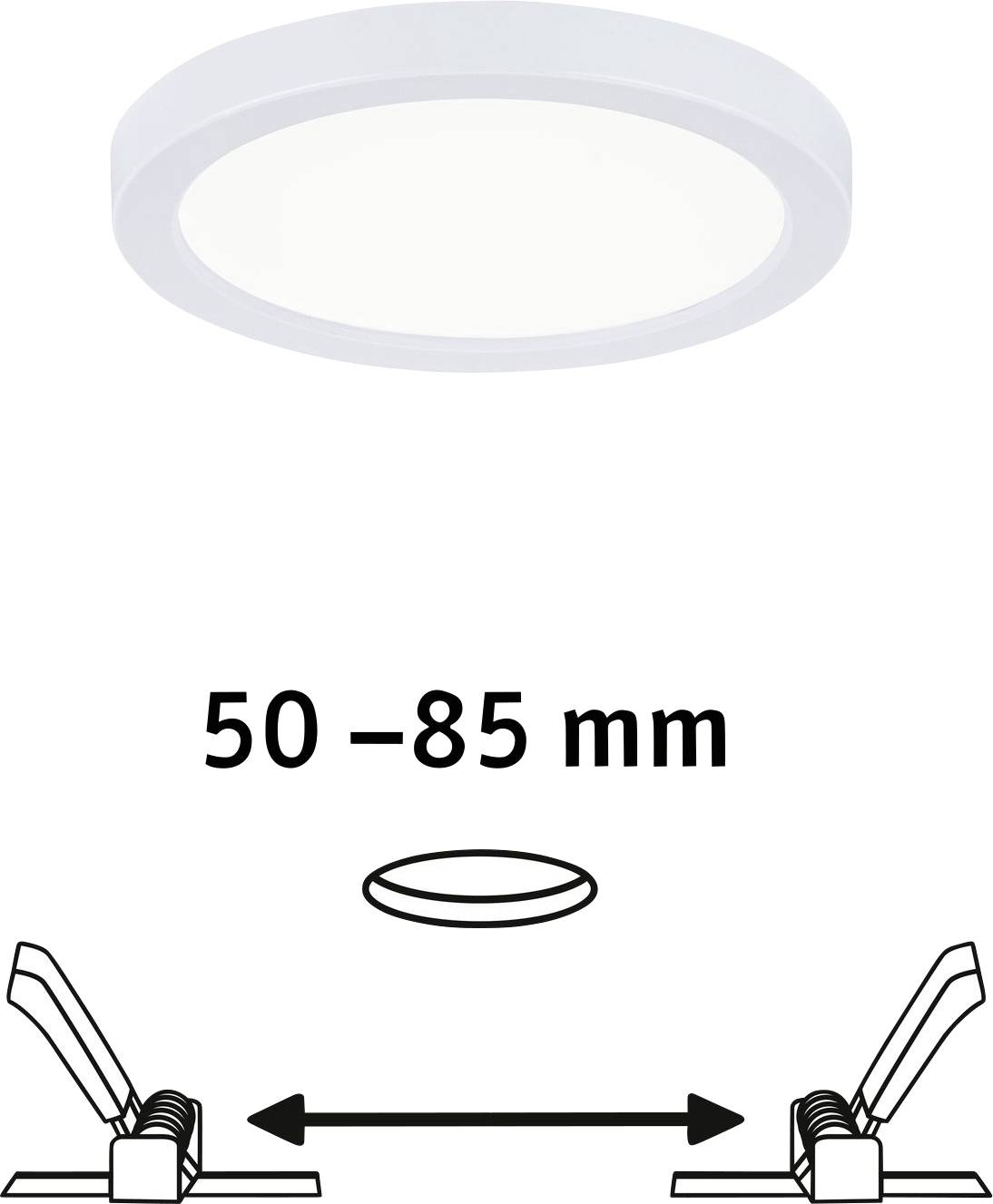 'Rundstrahler für Decke, weiß, mit variablem Einbaudurchmesser von 50 bis 85 mm; Illustration des Federmechanismus zum Einbau.'