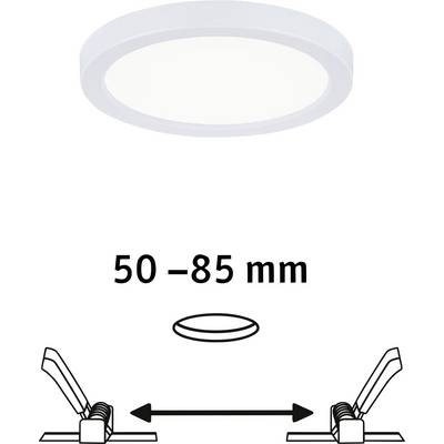 'Rundstrahler für Decke, weiß, mit variablem Einbaudurchmesser von 50 bis 85 mm; Illustration des Federmechanismus zum Einbau.'
