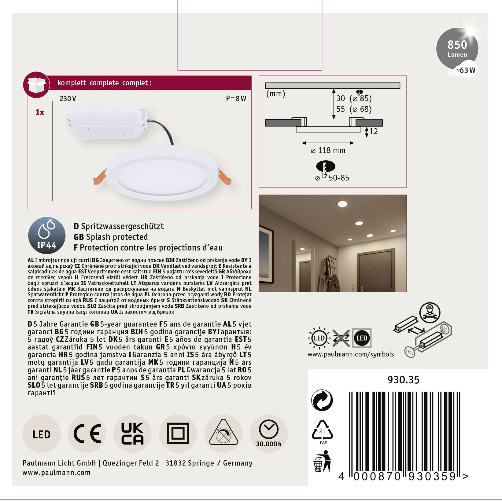 'Komplett-Set' LED-Leuchte, 850 Lumen, IP44, wassergeschützt. Enthält Einbauanleitung. Paulmann Licht GmbH, Deutschland.
