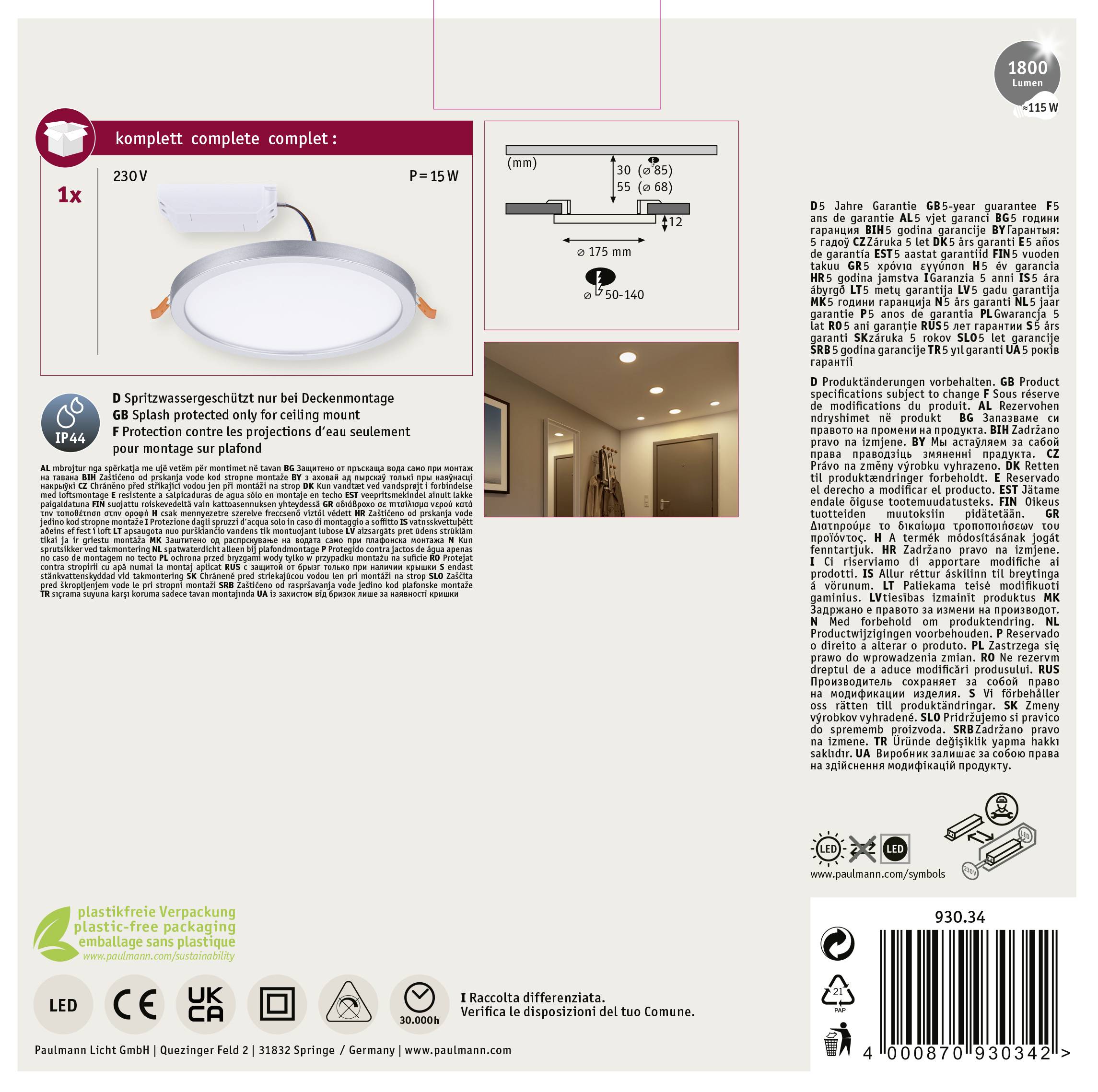 'LED-Deckeneinbauleuchte Set, 230V, 15W, 930.34, IP44, 1800lm. Enthält Produktbeschreibung, Installationshinweise und Energiekennzeichnung.'