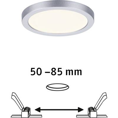 'Runde Deckenleuchte mit silbernem Rand' und Installationsanleitung für Einbautiefe von 50–85 mm mit schematischen Zeichnungen.