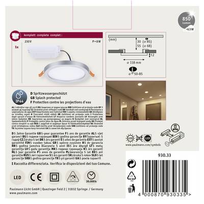'Paulmann LED-Panel: 230V, 8W, IP44, 850 Lumen. Komplett-Set inkl. integrierter Wandhalterung und Spritzwasserschutz.'