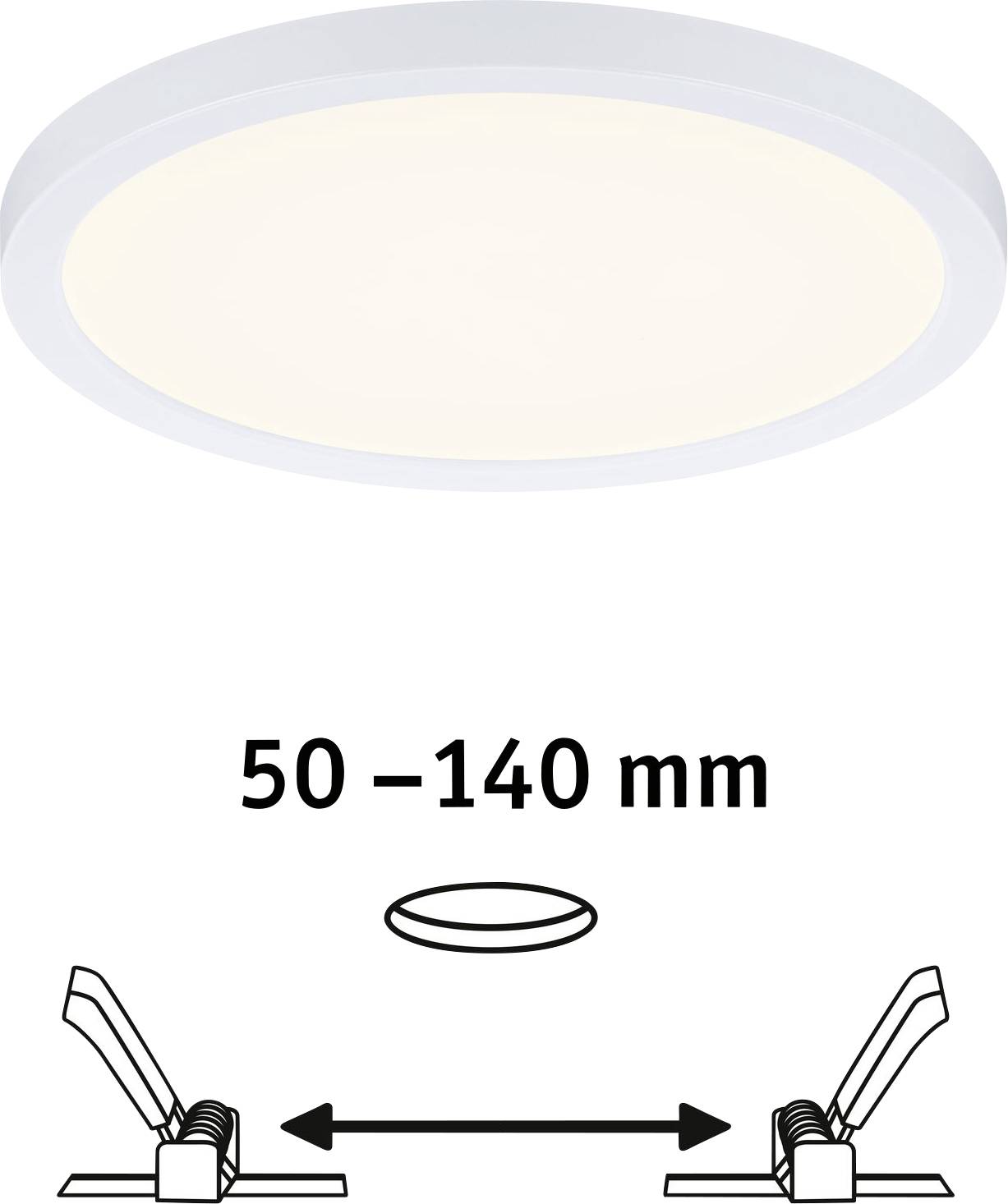 Eine runde Deckenleuchte vor weißem Hintergrund. Darunter ein Diagramm, das die anpassbare Einbauöffnung von 50-140 mm zeigt.