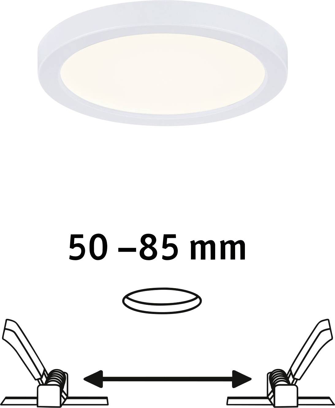 Rundes weißes LED-Panel mit einem Einstellungsbereich von 50–85 mm. Diagramm zeigt Befestigung und Größenanpassung.