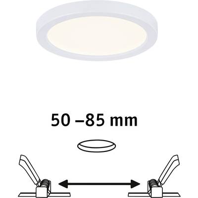 Rundes weißes LED-Panel mit einem Einstellungsbereich von 50–85 mm. Diagramm zeigt Befestigung und Größenanpassung.