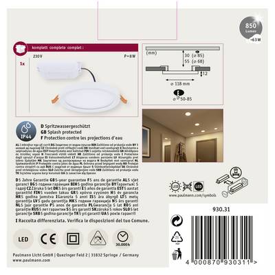 'Paulmann' LED-Deckeneinbauleuchte, 8W, 850 Lumen, IP44 spritzwassergeschützt, warmweiß. Geeignet für Feuchträume, inkl. Montagedetails.