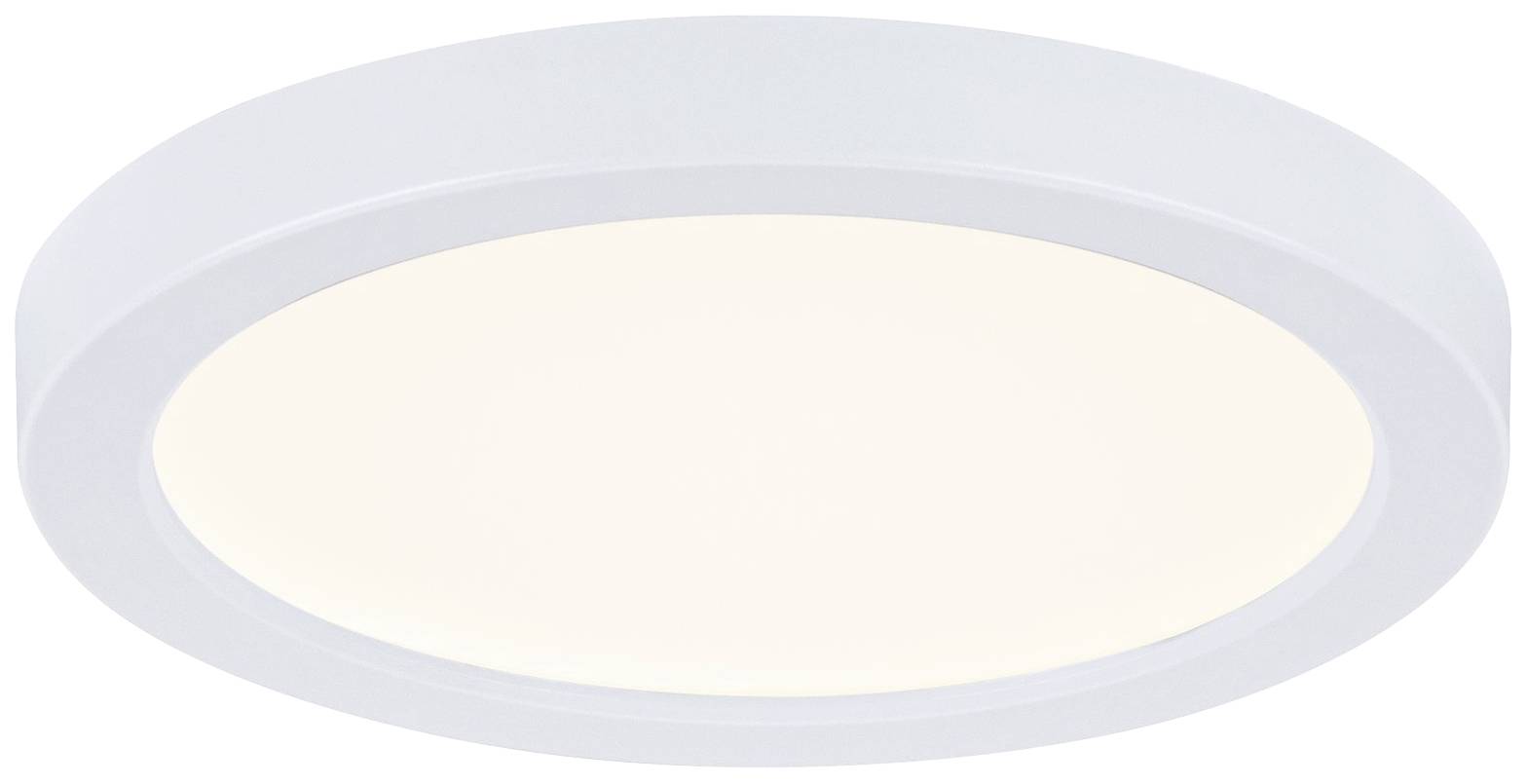 Runde, weiße LED-Deckenleuchte mit einfachem, modernem Design. Sie strahlt warmes Licht aus und eignet sich für verschiedene Innenräume.