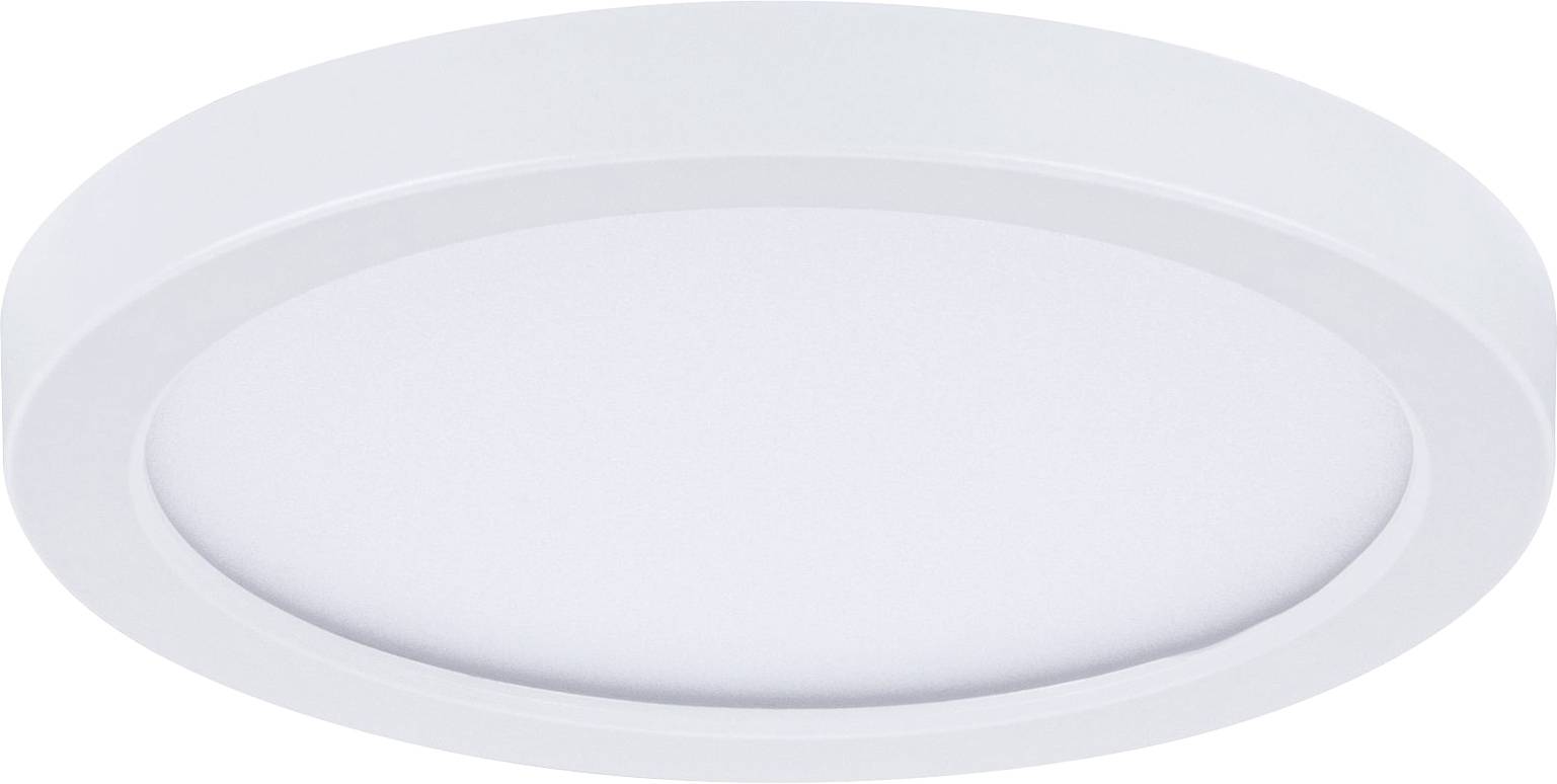 Eine runde, flache LED-Deckenleuchte mit weißem Rahmen und diffuser Oberfläche, geeignet für moderne Innenräume.