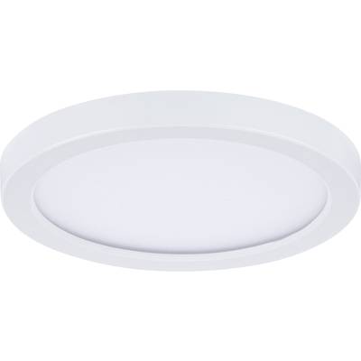 Eine runde, flache LED-Deckenleuchte mit weißem Rahmen und diffuser Oberfläche, geeignet für moderne Innenräume.