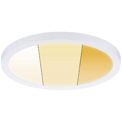 Runde Deckenleuchte mit zweifarbiger LED-Beleuchtung: links weißes Licht, rechts warmes orangefarbenes Licht.