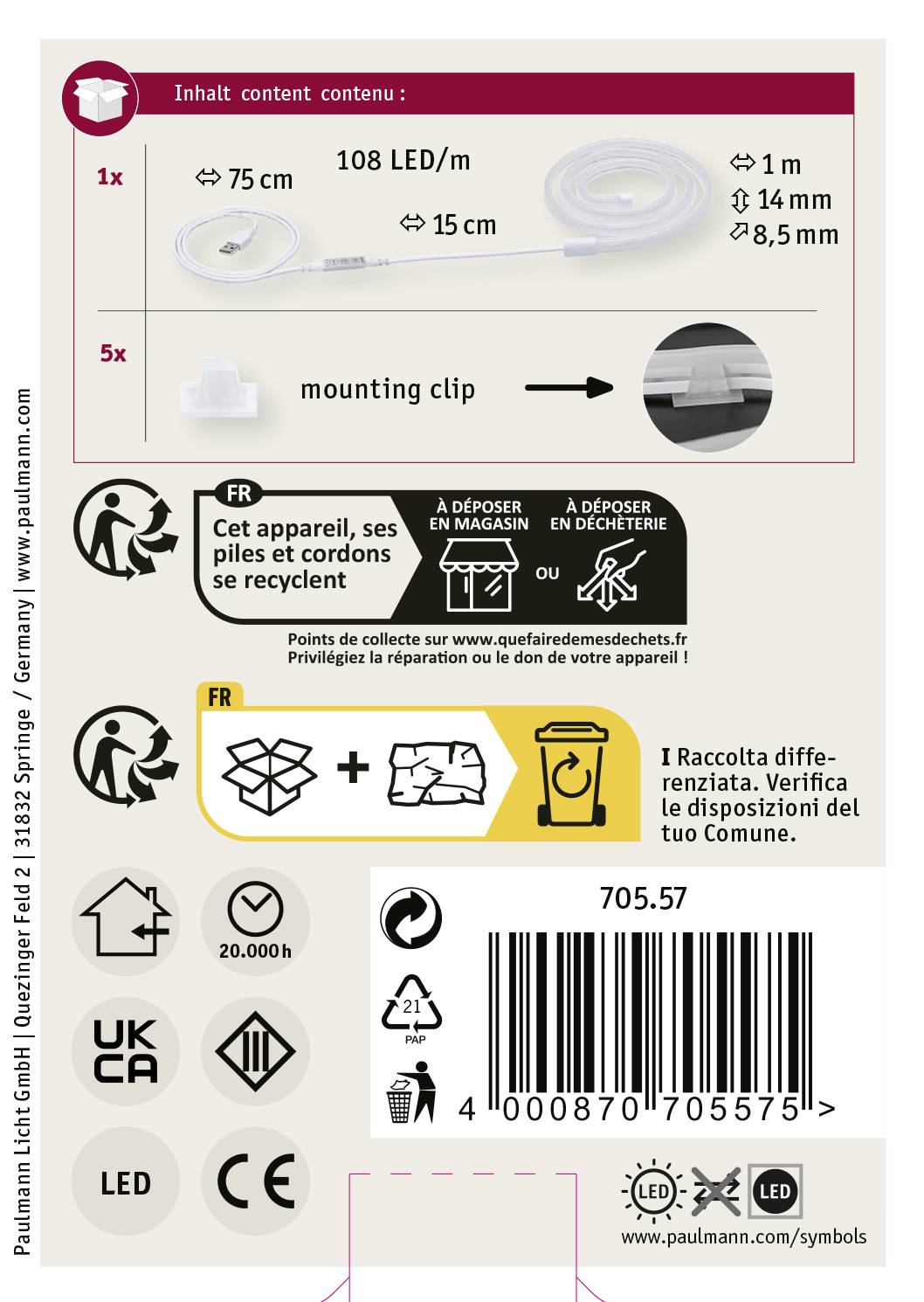 Verpackung eines LED-Streifens, zeigt Länge '75 cm + 15 cm', 108 LEDs/m, enthaltenen Montagesatz und Sicherheits- und Recyclinghinweise.