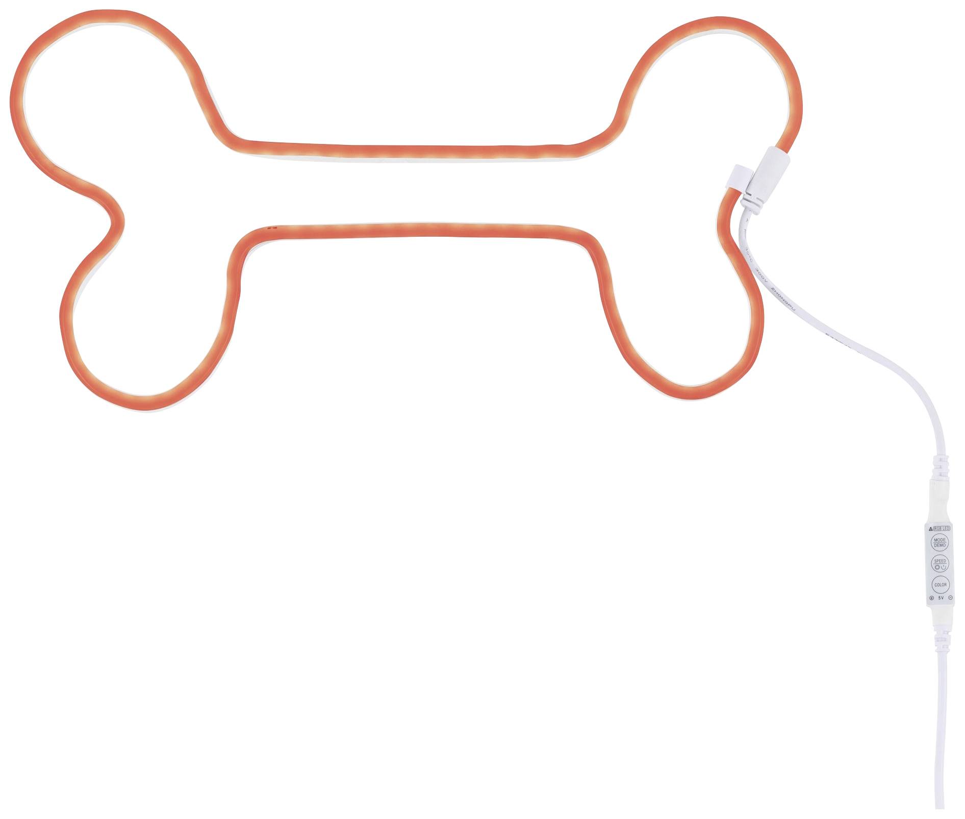Leuchtender orangefarbener LED-Knochen mit einem weißen Kabel, symbolisiert Hundespielzeug oder Dekoration.