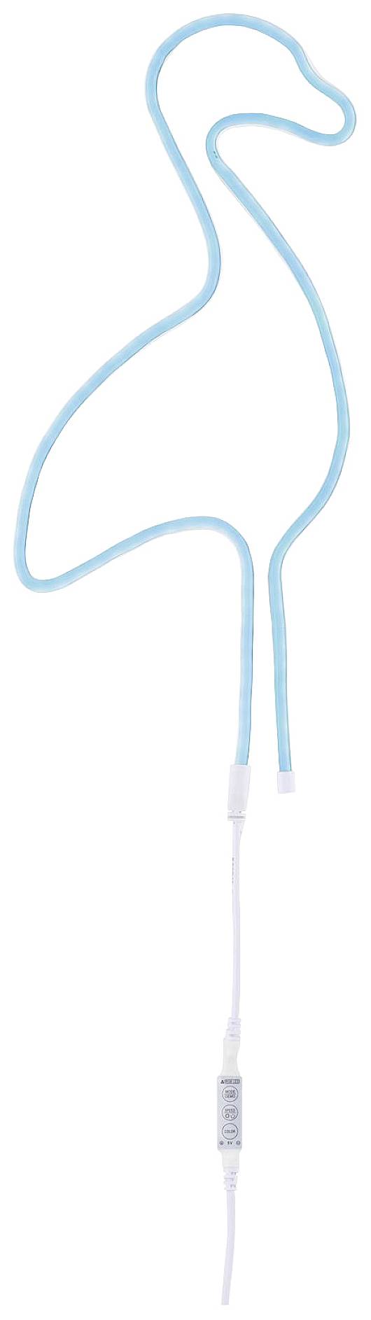 Ein blauer LED-Leuchtstreifen in der Form eines Flamingos. Darunter befindet sich ein Anschlusskabel mit Schalter.