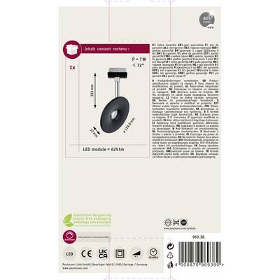 'Paulmann Licht GmbH LED-Modul 625 lm, 7 W, 72° Abstrahlwinkel.' Produktverpackung mit technische Details und Umweltzeichen.