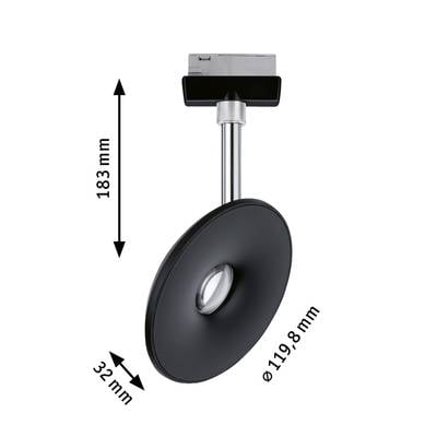 Schwarz-silberne LED-Strahler, Höhe 183 mm, Durchmesser 119,8 mm, Tiefe 32 mm. Deckenmontage mit modernem Design.