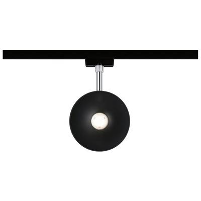 Schwarze Deckenleuchte mit rundem Lampenschirm und sichtbarem Glühbirnelement, an einer Metallschiene montiert.