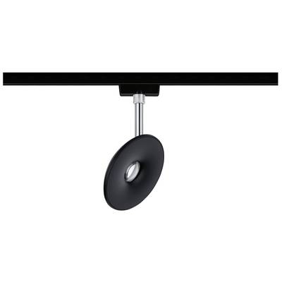 Eine schwarze, moderne Deckenleuchte mit rundem Design, montiert an einer Metallstange. Sie ist an einer schwarzen Schiene befestigt.