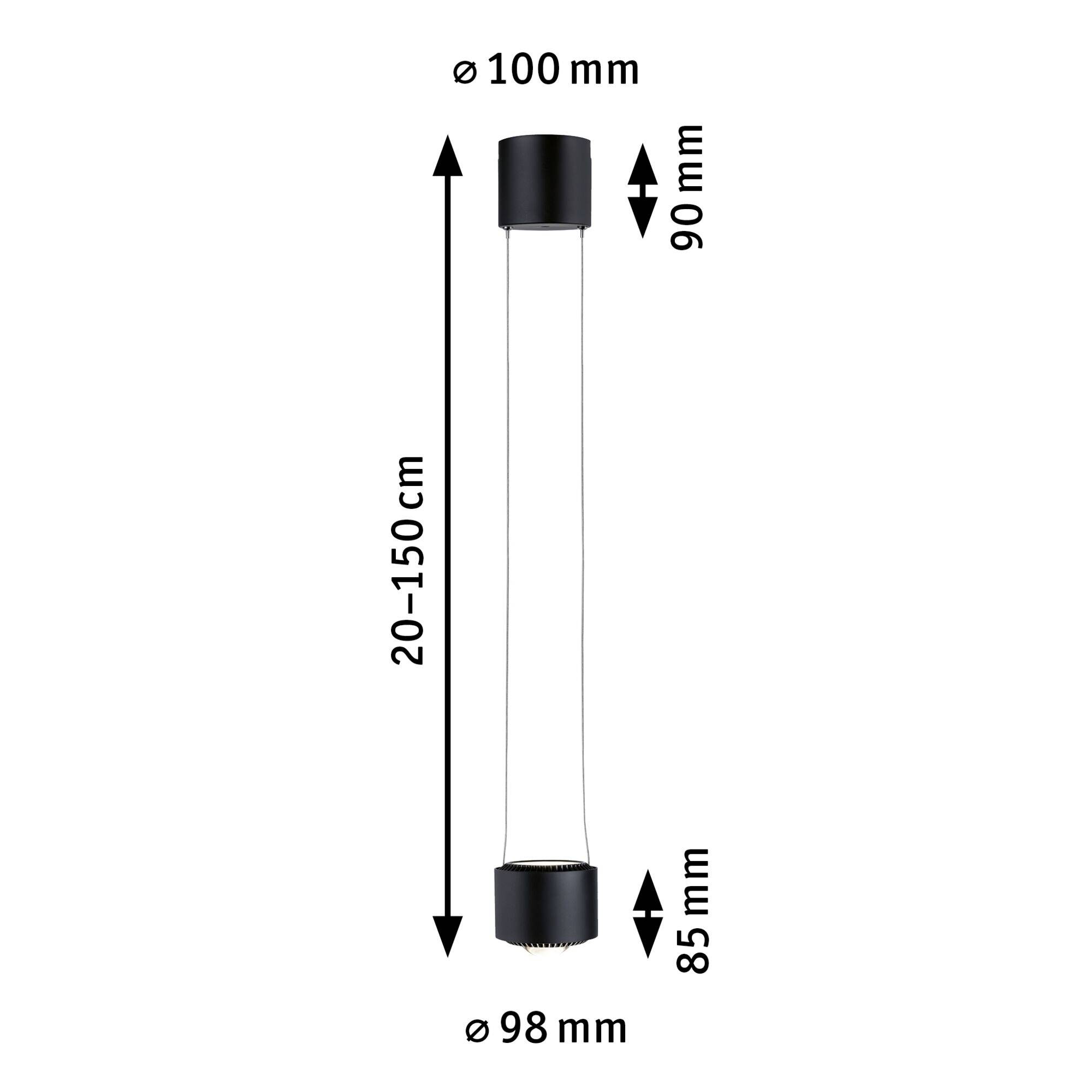 'Längliche Lampe mit verstellbarer Länge von 20-150 cm. Durchmesser oben 100 mm, unten 98 mm. Obere Einheit 90 mm, untere Einheit 85 mm.'