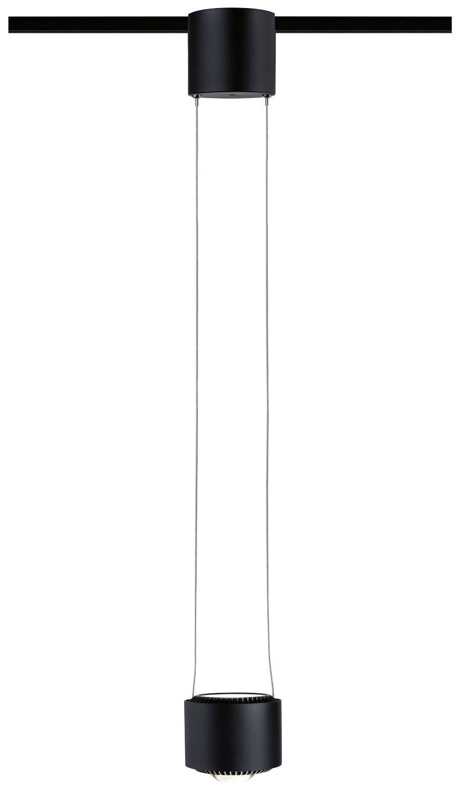 Eine minimalistische Hängeleuchte mit schlankem, schwarzem Gehäuse und zwei dünnen Kabeln, die sie mit der Deckenhalterung verbinden.