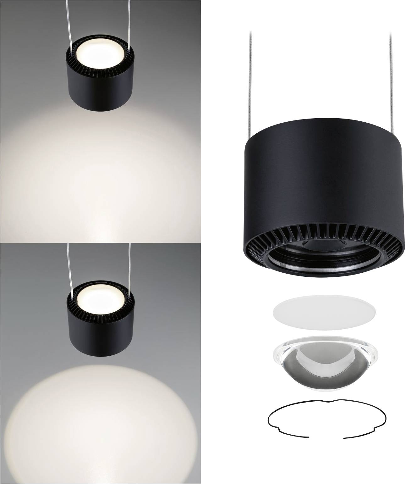 Eine schwarze Pendelleuchte strahlt Licht nach unten, gezeigt mit ihrer Linse, Diffusor und einem ringförmigen Bauteil.