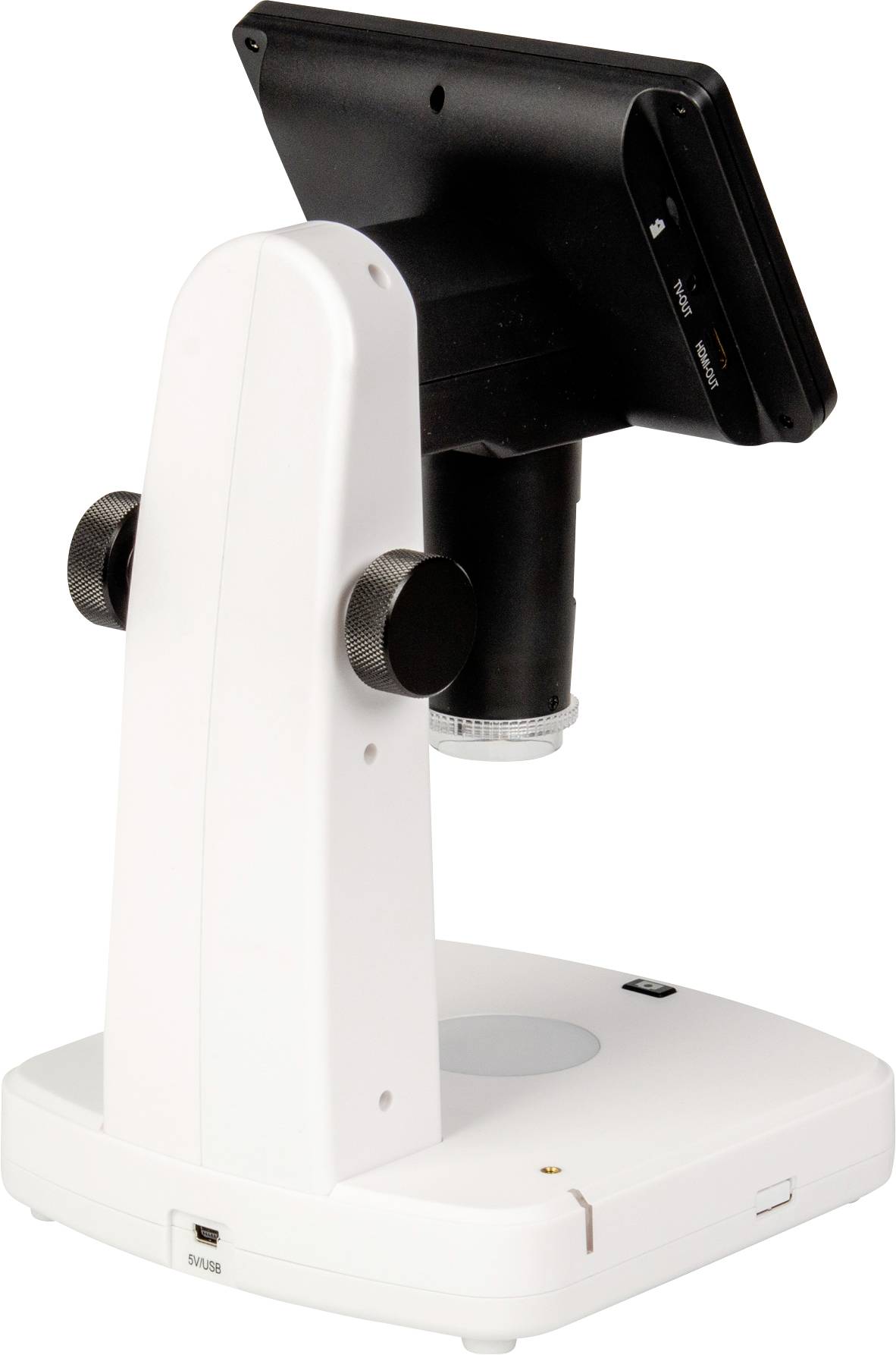 Tragbares Digitalmikroskop mit verstellbarem Arm und integriertem Bildschirm, ideal für Vergrößerungen in Bildung und Forschung.