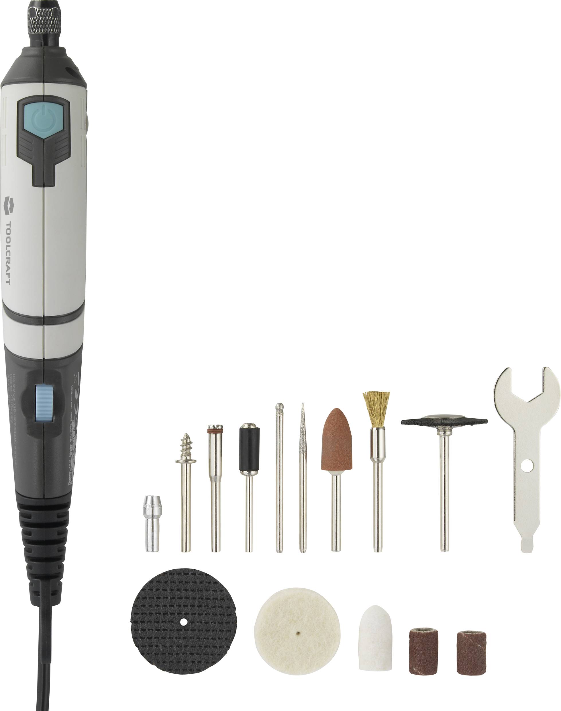 Multifunktionswerkzeug mit Zubehör: Schleif-, Polier- und Schneideaufsätze, Schraubenschlüssel und Fräsaufsätze. Ideal für Handwerksarbeiten.
