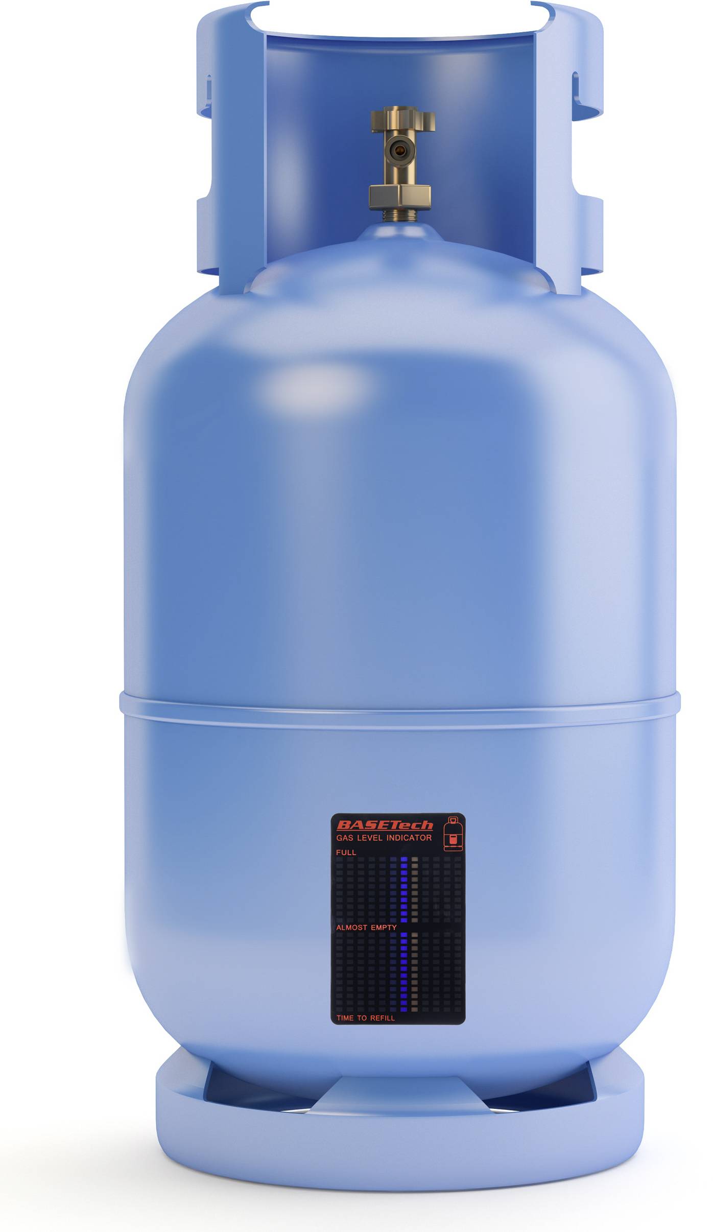 Blaue Gasflasche mit Metallventil oben.