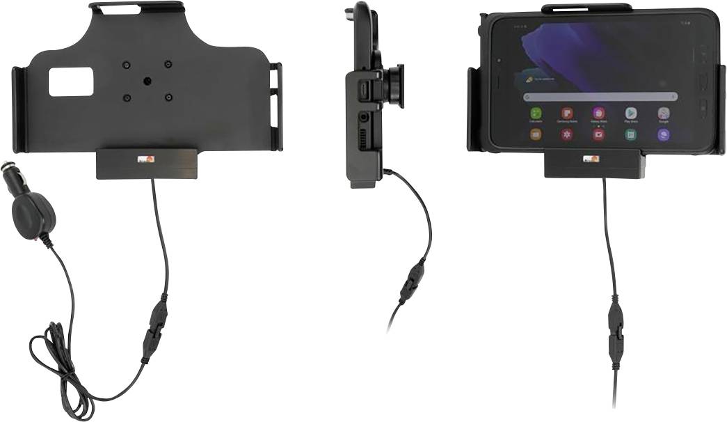 Telefonhalter im Auto mit Ladefunktion, gezeigt aus drei Perspektiven: hinten, Seite und vorne. USB-Kabel verbindet Halterung und Handy.