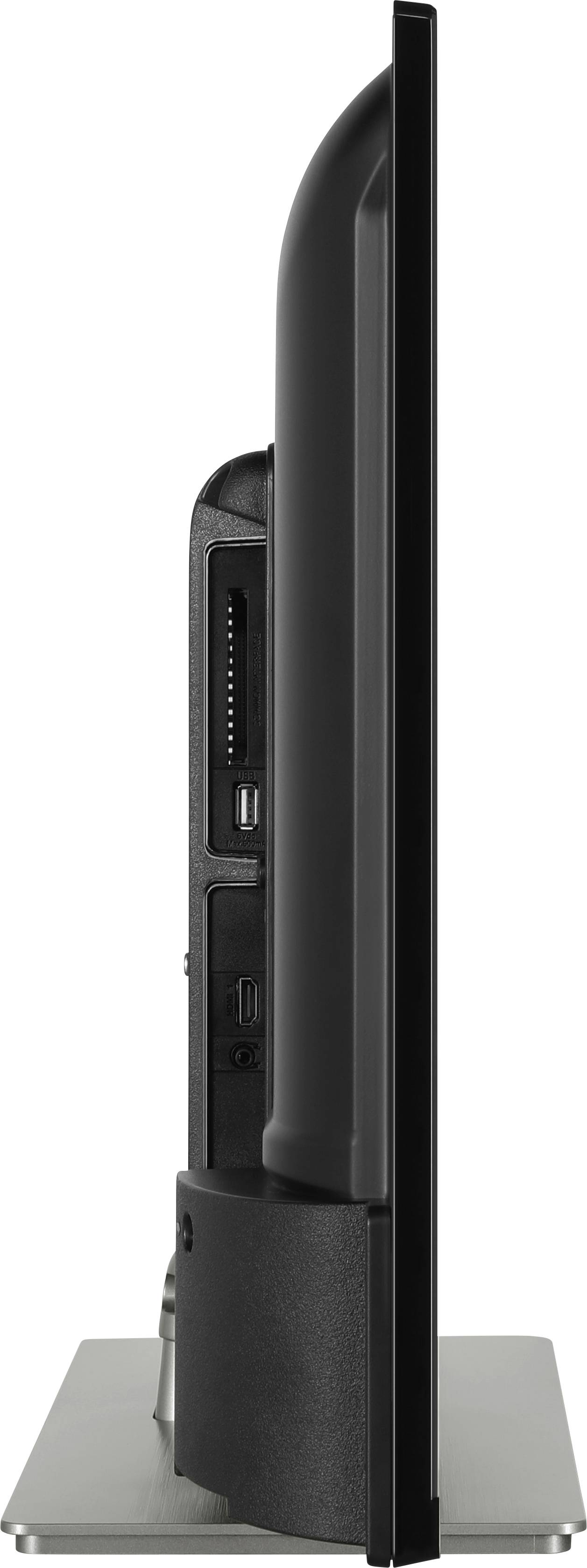 Flachbildfernseher von der Seite mit dünnem Profil auf einem Standfuß. Mehrere Anschlüsse auf der Rückseite sichtbar.