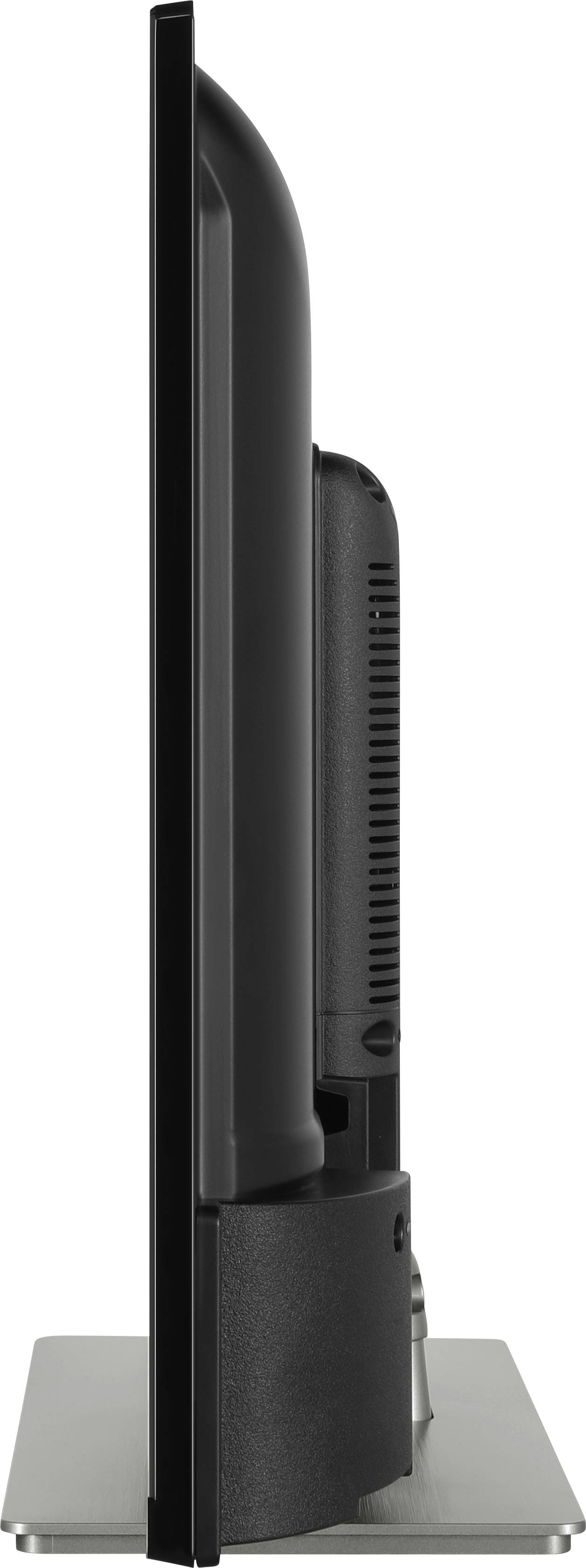 Ein flacher Fernseher, seitlich betrachtet, zeigt die geringe Tiefe des Geräts und modernem Design.