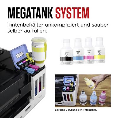 'Megatank System': Einfaches, sauberes Nachfüllen von Druckertinte. Bild zeigt Tintenflaschen und Befüllung eines Druckers.
