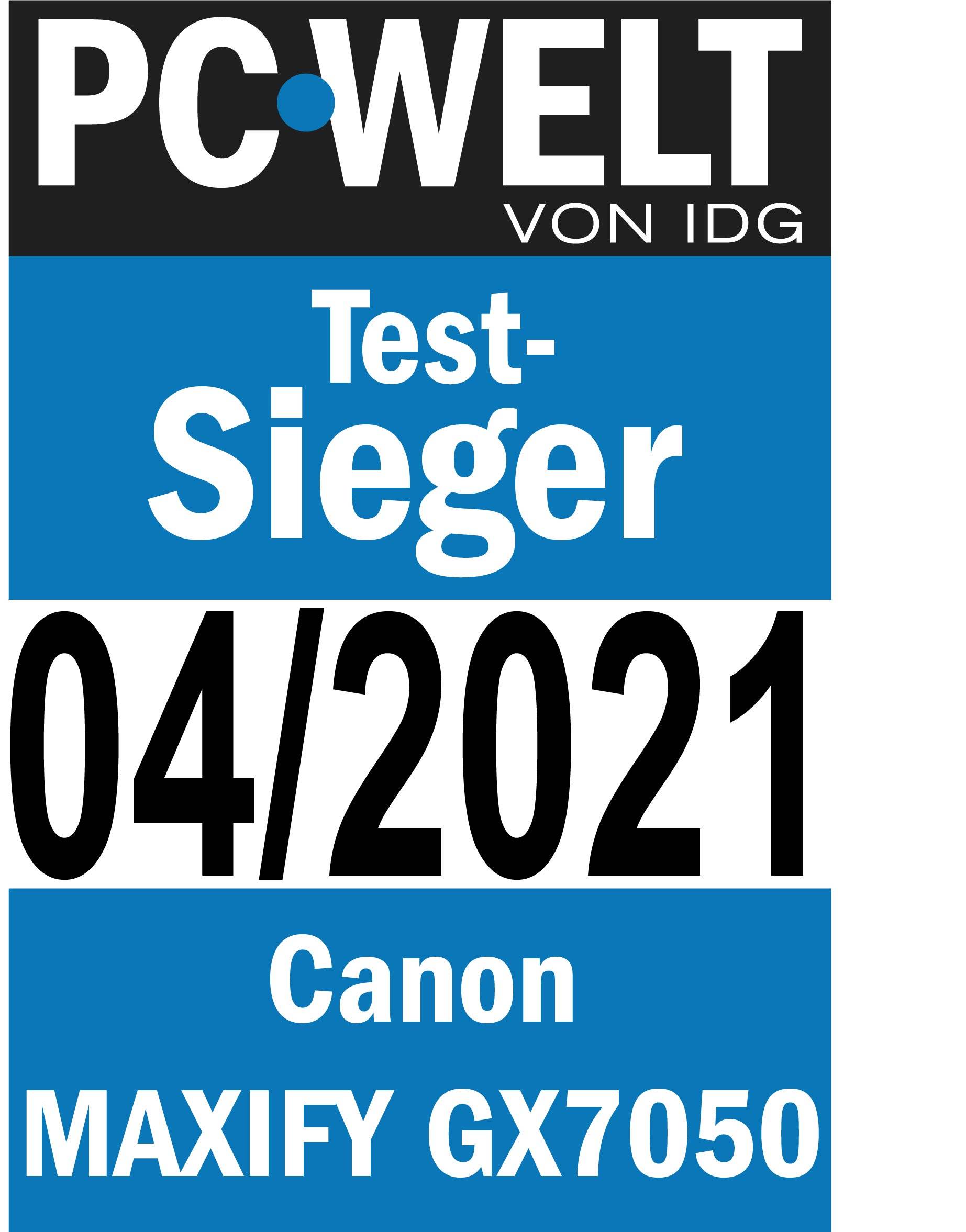 'PC-WELT Test-Sieger 04/2021: Canon MAXIFY GX7050' Grafik zeigt einen Preis für den Testsieger des Monats April 2021 von PC-WELT.