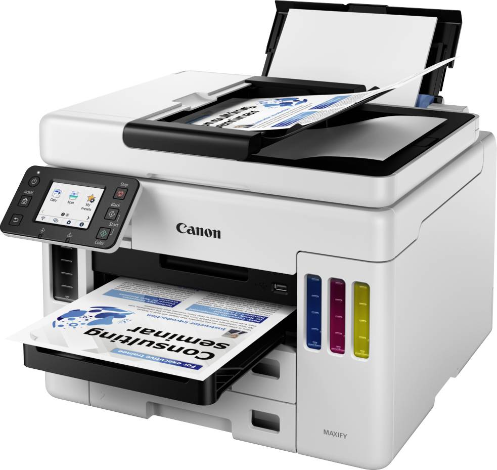 Ein Multifunktionsdrucker mit einem großen Bedienfeld und Druckmaterial, das aus dem Ausgabefach kommt.