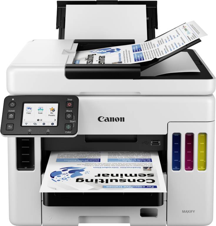 Ein Multifunktionsdrucker druckt ein Dokument mit Grafiken und Text. Oben ist ein weiteres eingezogenes Dokument sichtbar.