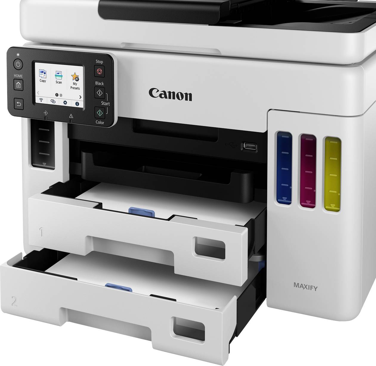 Ein weißer Multifunktionsdrucker mit Display und zwei Papierfächern. Rechts sind vier bunte Tintentanks sichtbar. Marke: Canon.