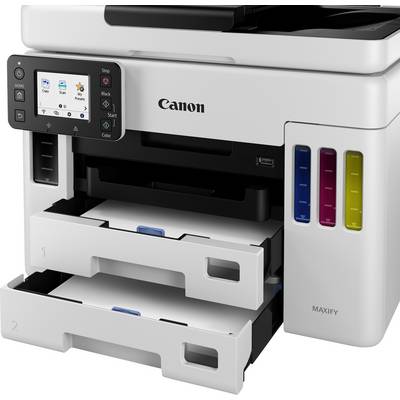 Ein weißer Multifunktionsdrucker mit Display und zwei Papierfächern. Rechts sind vier bunte Tintentanks sichtbar. Marke: Canon.