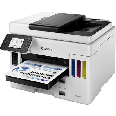 Ein weißer Multifunktionsdrucker druckt ein Dokument mit buntem Diagramm. Das Display zeigt Bedienoptionen.
