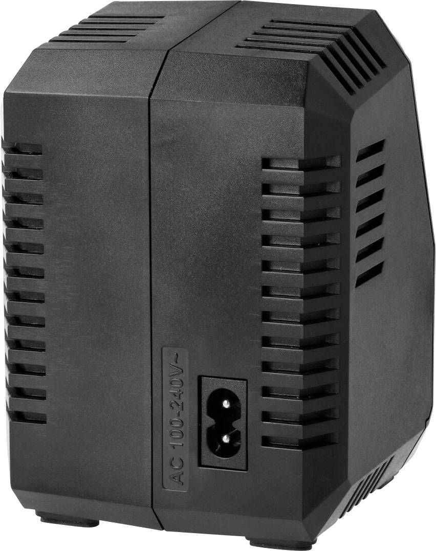 Ein schwarzer Spannungswandler mit Lüftungsschlitzen und einer Steckdose, geeignet für AC 100-240V.