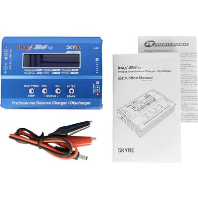 Ein blauer 'iMAX B6 V2' professioneller Balance-Lader/Entlader von SKYRC mit dazugehörigem Handbuch und Ladekabeln gezeigt.