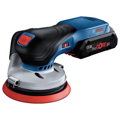 Ein Bosch Professional Elektro-Schleifer mit blau-schwarzem Design, ausgestattet mit einem roten Einschaltknopf und einem 18V wiederaufladbaren Akku.