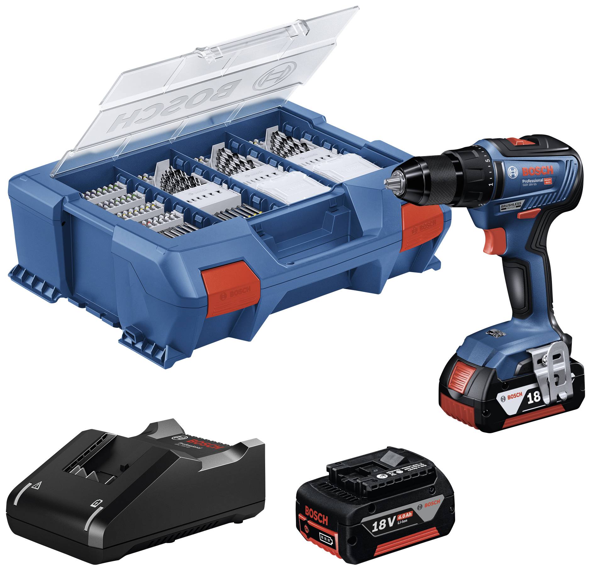 Bosch Professional GSR 18V-55 06019H5209 Borrskruvdragare batteri 18 V 4.0 Ah Li-Ion inkl. 2x batterier, inkl. laddare, inkl. Tillbehör, borstfri