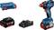 Akkuschlagschrauber-Set mit einem blauen und roten Schrauber, 18V Akku, Ladestation und Transportkoffer. Ideal für Heimwerkerarbeiten.