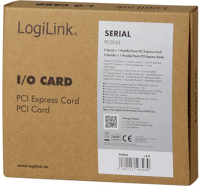 Verpackung einer PCI Express Karte von LogiLink mit zwei seriellen und einem parallelen Port. Modell: PC0033. Enthält technische Details und Barcode.