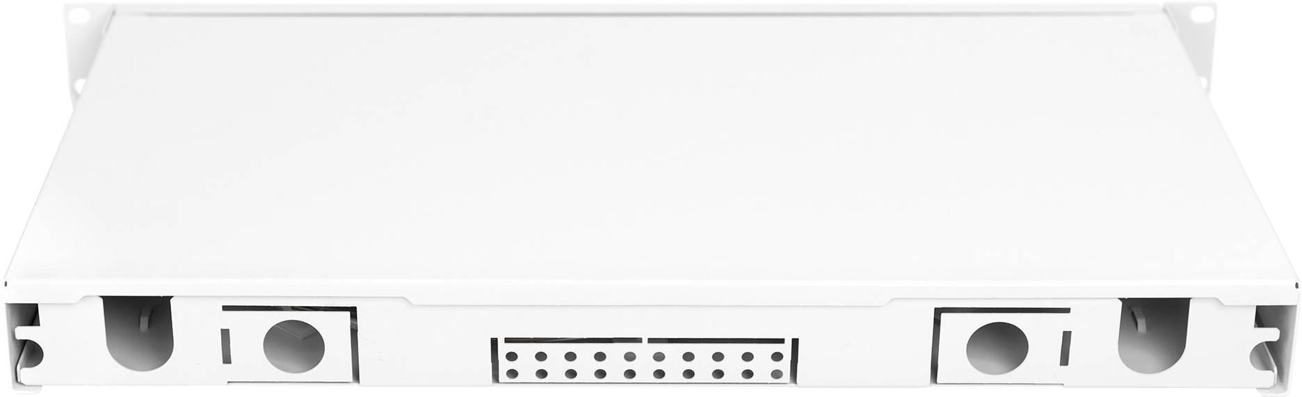 Weißes, rechteckiges elektronisches Gerät in einem Metallgehäuse mit mehreren Anschlüssen an der Vorderseite.