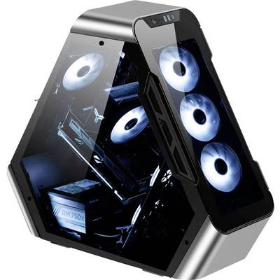 Ein futuristisch gestalteter Computer mit transparentem Gehäuse, das sechs leuchtende Lüfter zeigt.