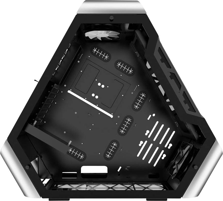 Dreieckiges Computergehäuse in Schwarz, offen, zeigt Lüfter und Platz für Mainboard innen. Geeignet für kreative PC-Modding-Projekte.