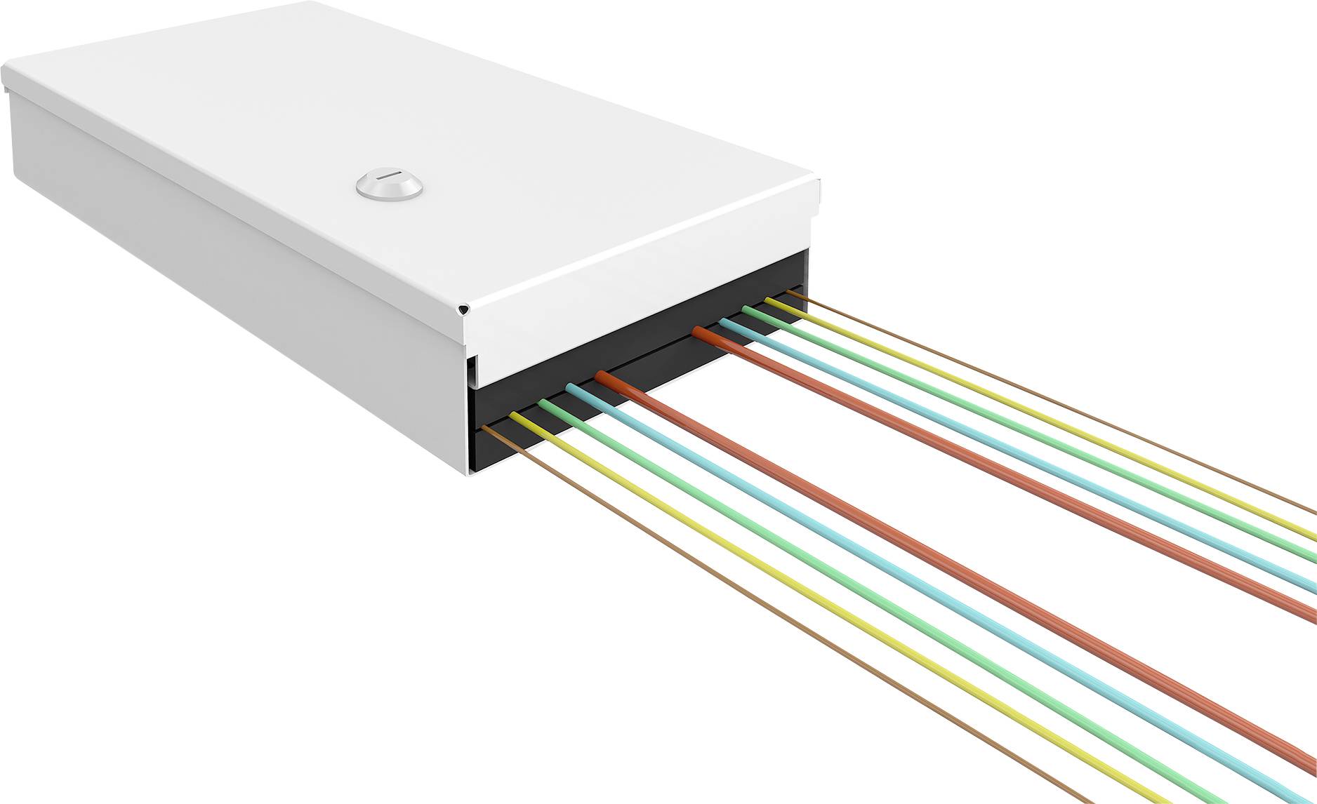 Ein weißes, rechteckiges Gehäuse mit mehreren, farbigen Kabeln, die aus einer schwarzen Öffnung herausführen.
